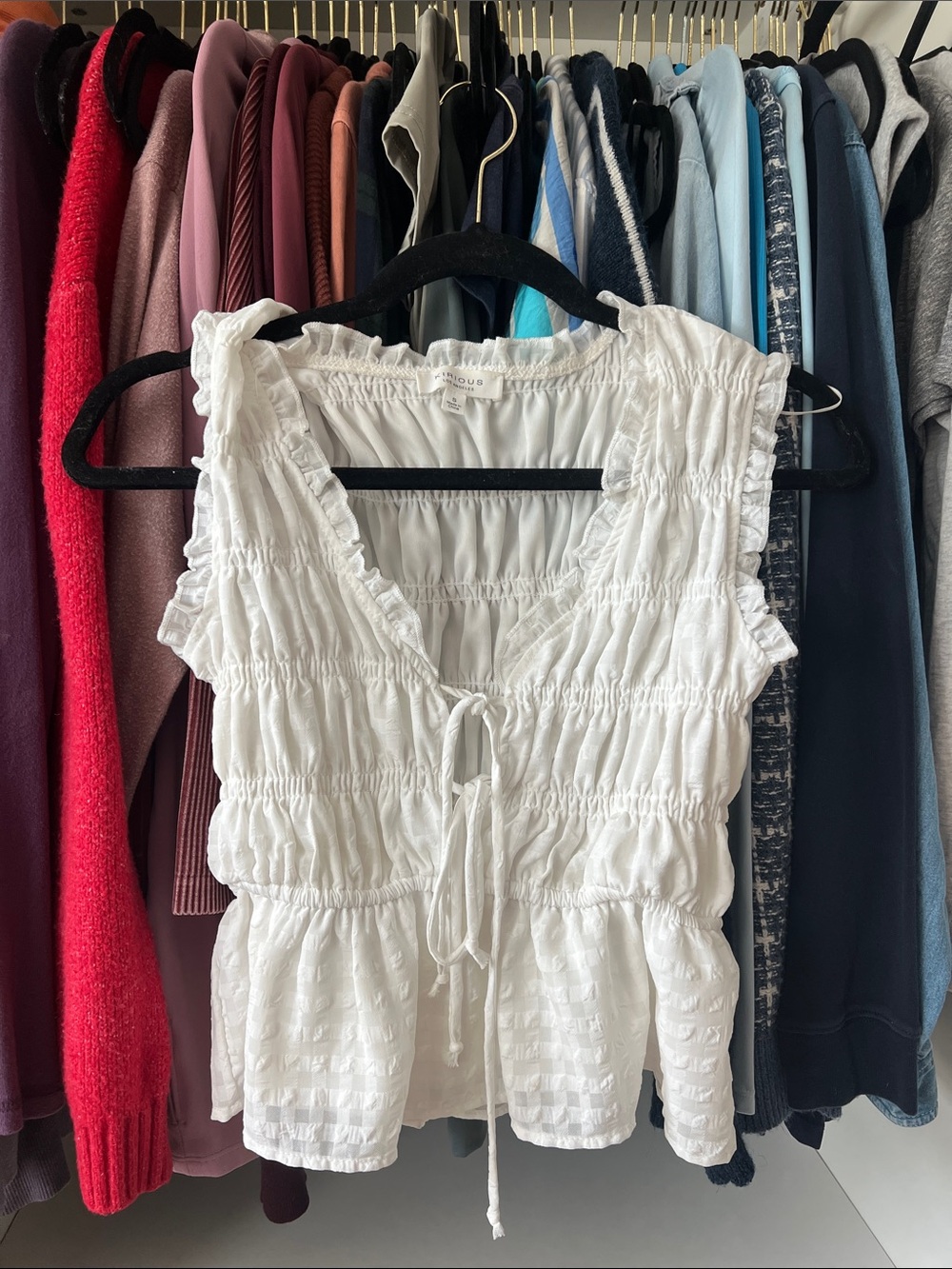 White Smocked Tie-Front Ruffled Camisole Top - Women